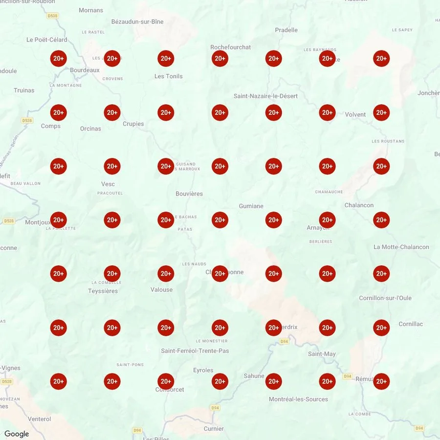 Carte de visibilité au départ : position 20 et plus partout